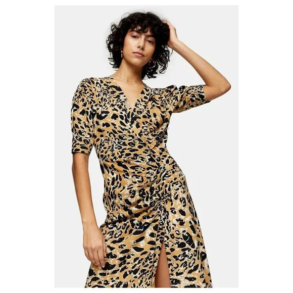 Topshop Leopard Print Mock Wrap Midi Dress Sz 4 - Picture 6 of 7
